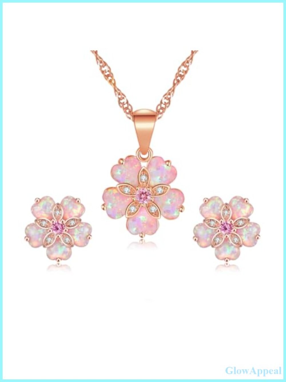 Heart Opal Pendant Necklace and Stud Earrings Set Rhodium Plated Women Jewelry